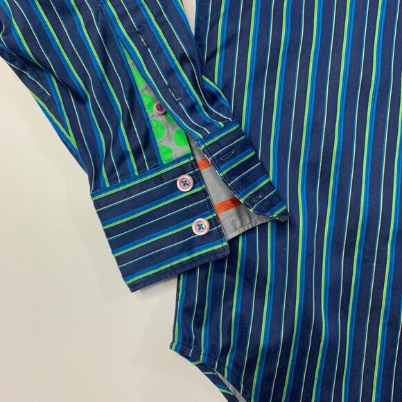 Robert Graham Shirt Mens L Large Navy Multi Cotton Flip Cuff Striped Button Up - Picture 3 of 11
